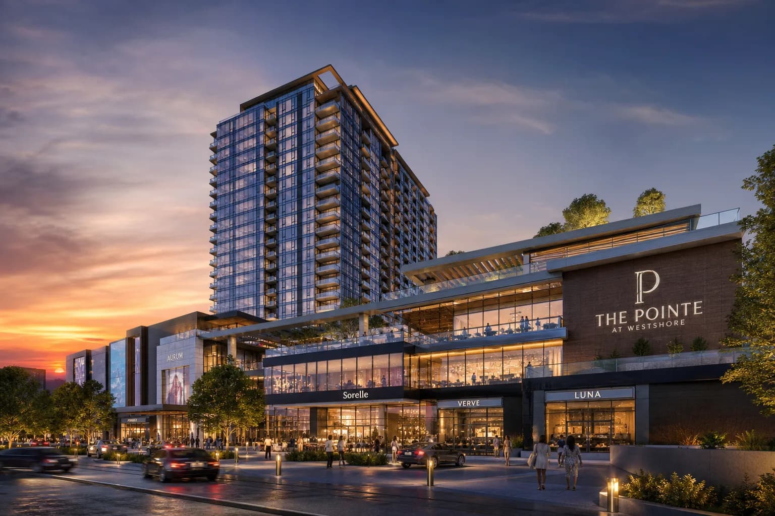 Luxury mixed-use development at dusk with integrated intelligent building infrastructure and premium exterior lighting