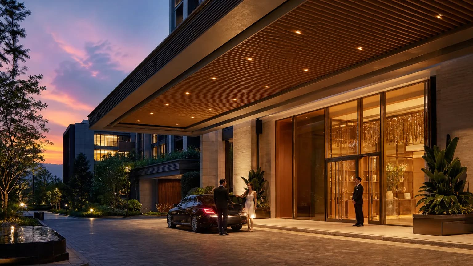 Luxury hospitality resort porte-cochere and lobby exterior at dusk