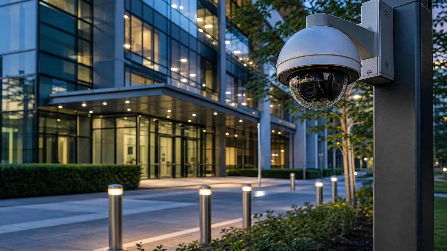 Modern office campus exterior with professional AI-enabled security camera deployment