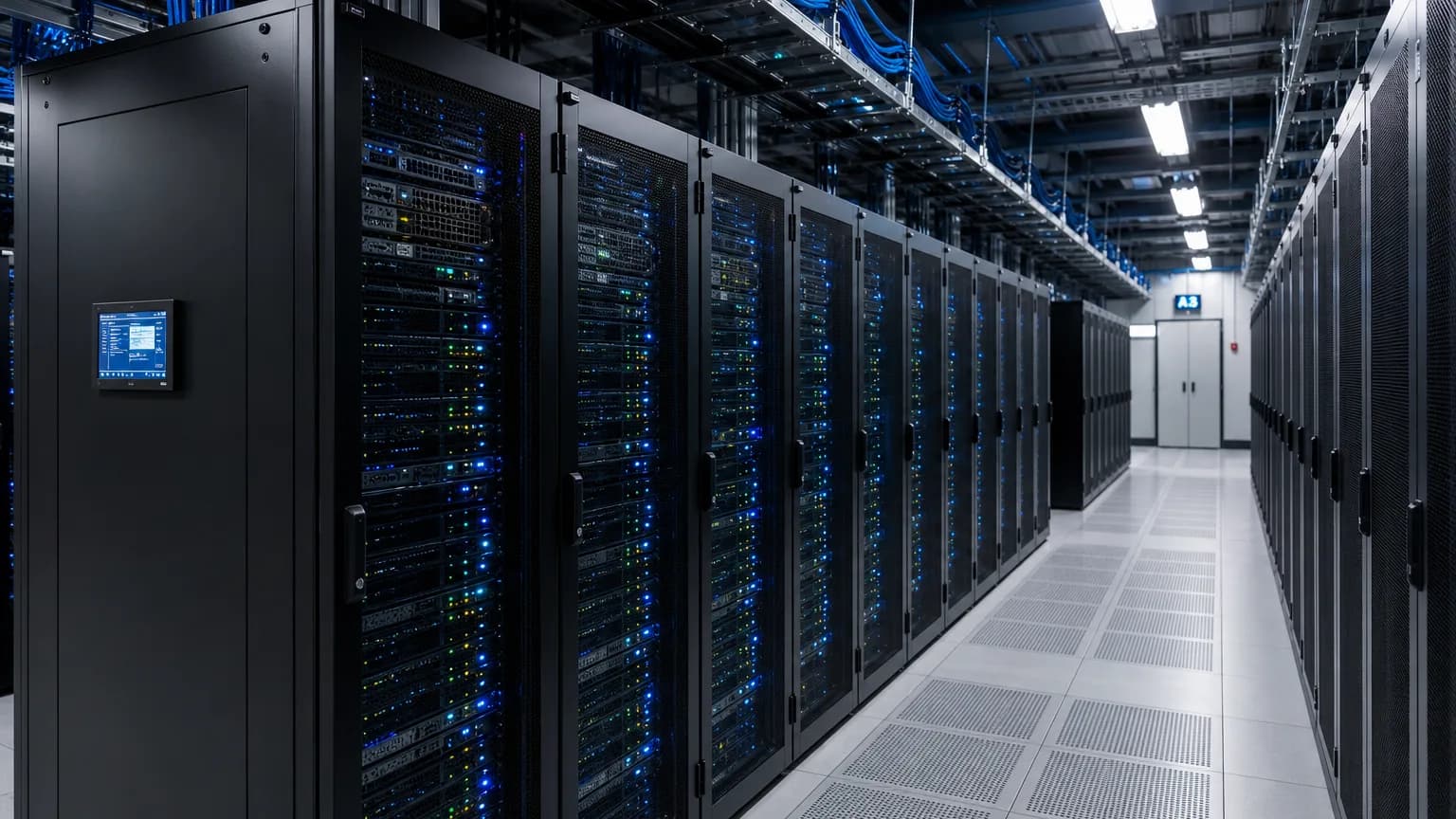 Enterprise server room with fiber infrastructure, cooling, and high-end ambient lighting
