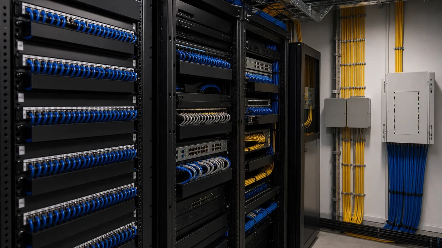 Commercial equipment room with structured cabling, fiber pathways, and enterprise network infrastructure