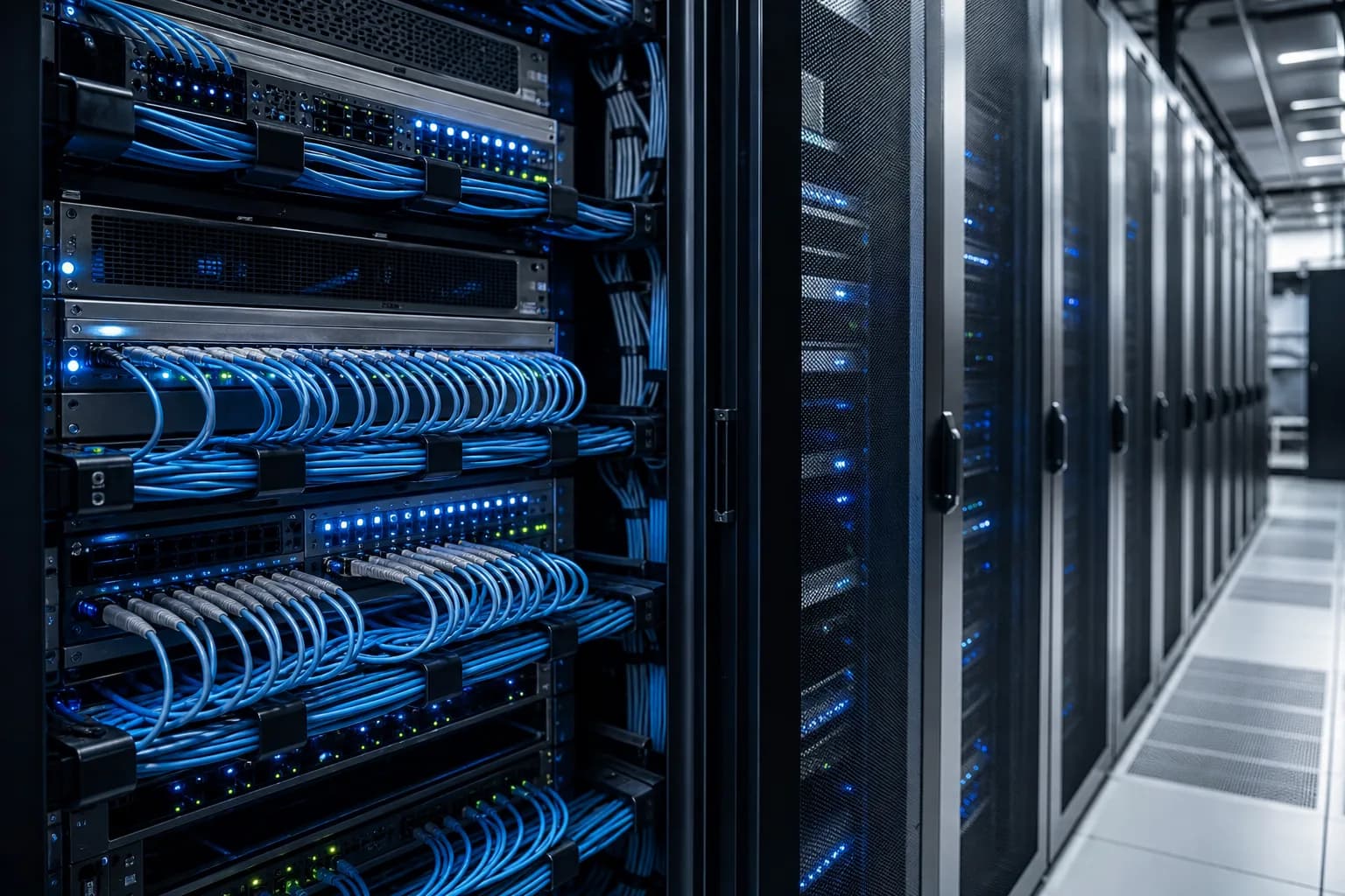 Enterprise network room with fiber optic patching, switches, and server infrastructure