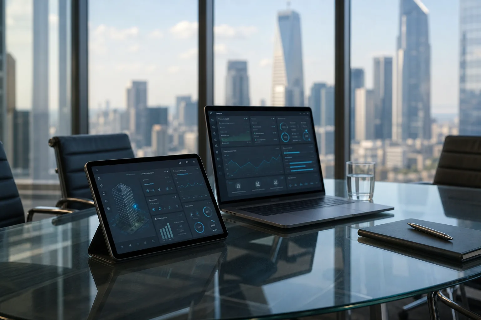 Illustrative executive briefing setting representing operational reporting. The on-screen panels are not Watchtower OS.
