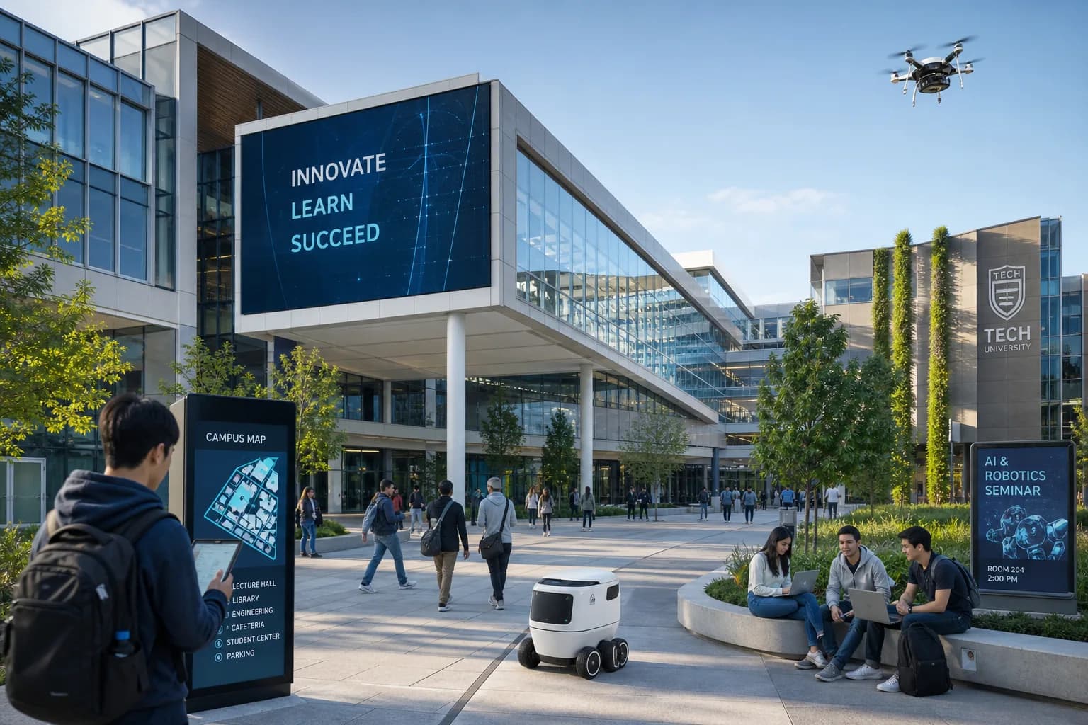 Modern university campus with technology infrastructure and secure access pathways