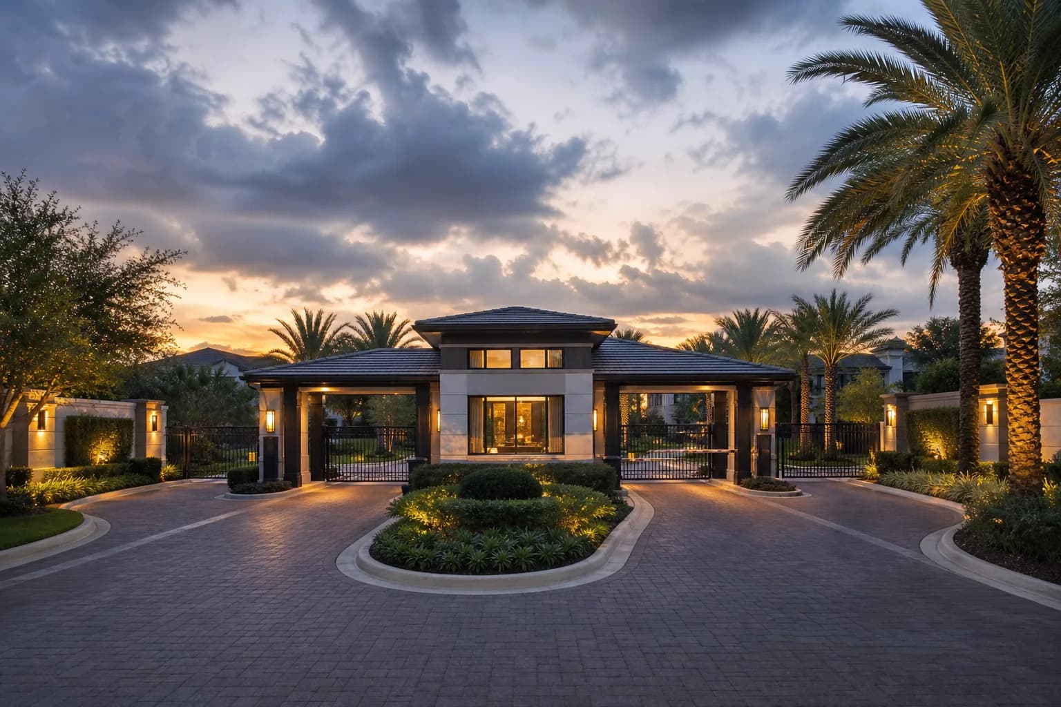 Luxury HOA gated community entrance with contemporary gatehouse and vehicle lanes