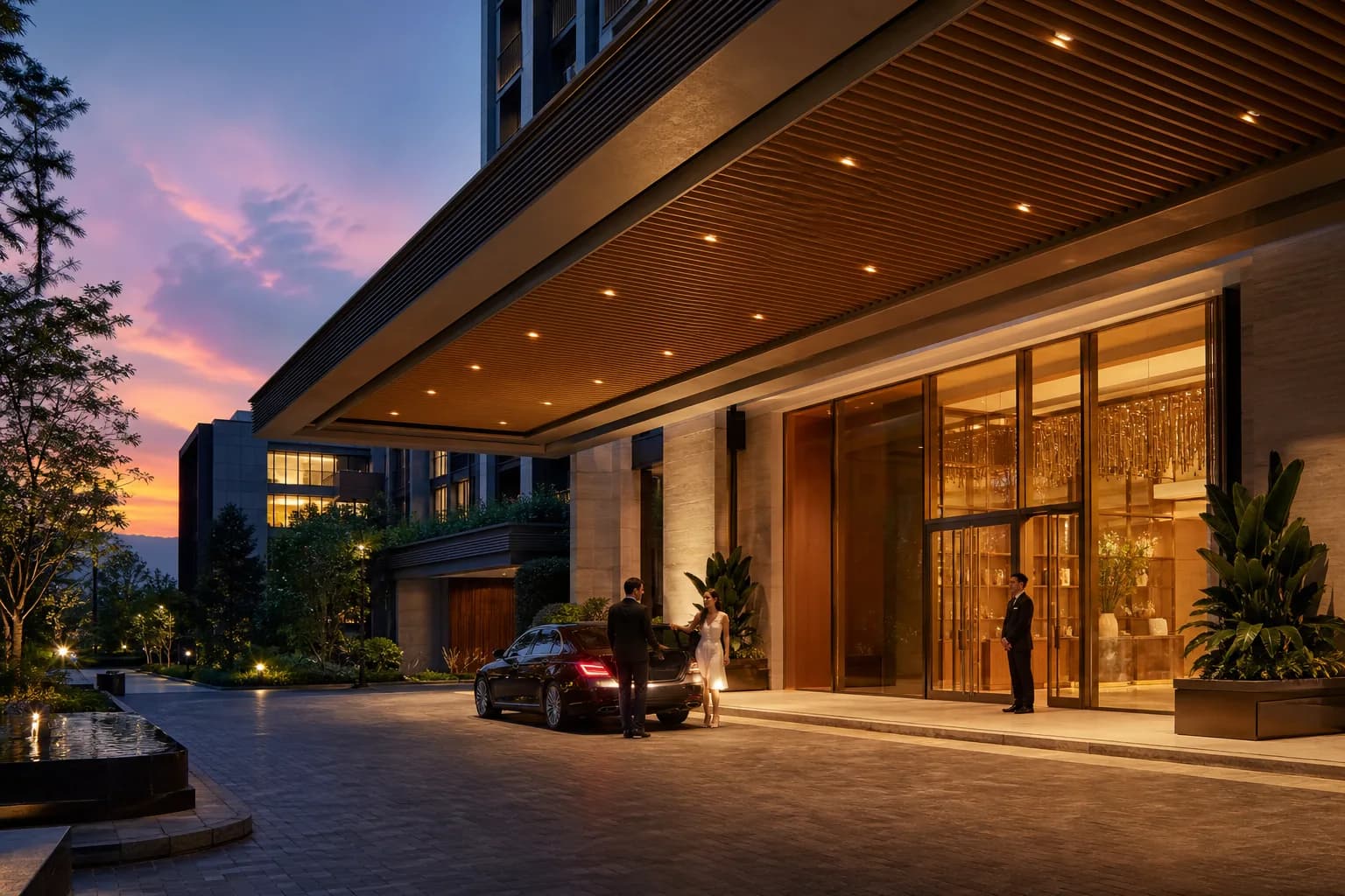Luxury hospitality resort porte-cochere and lobby exterior at dusk