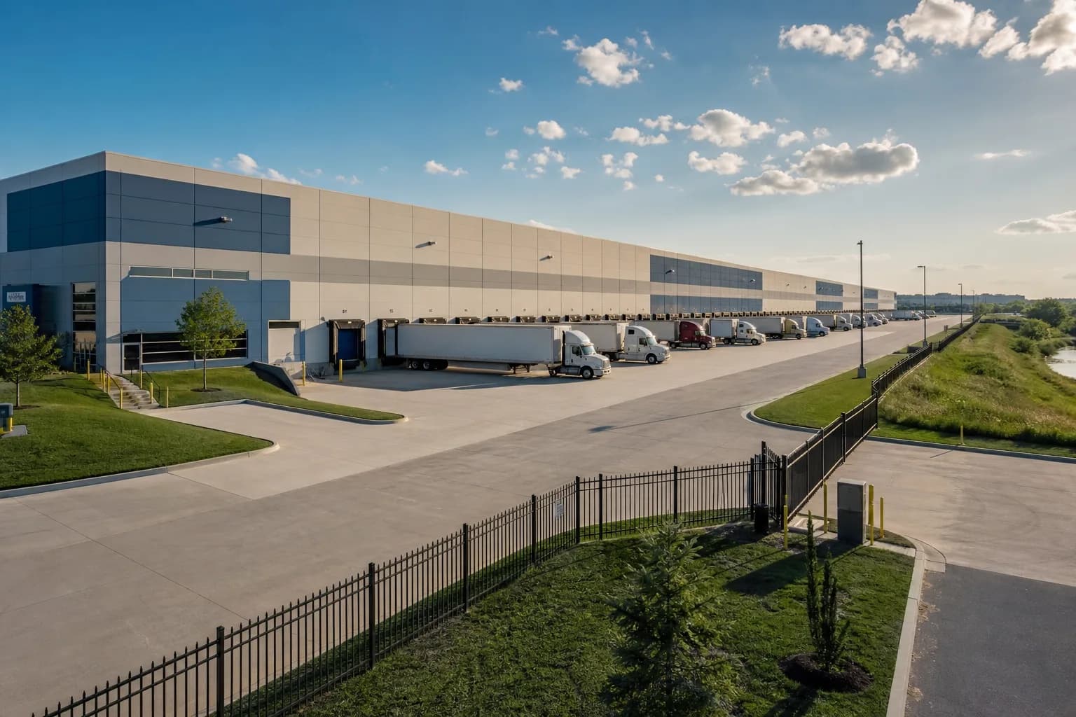 Modern logistics distribution center with truck approach roads and industrial architecture