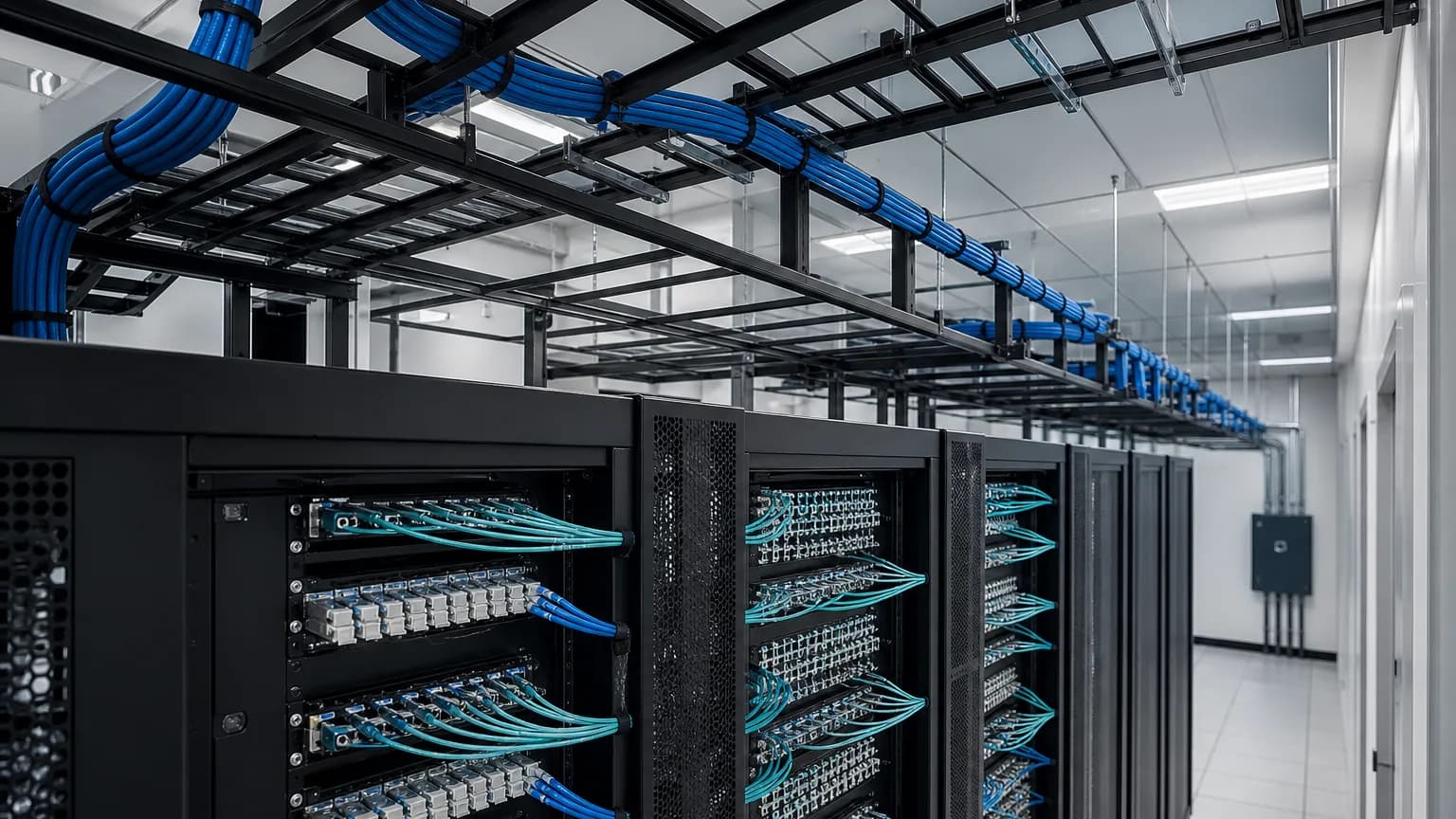 Commercial building backbone with structured cabling ladder racks, fiber panels, and organized pathways
