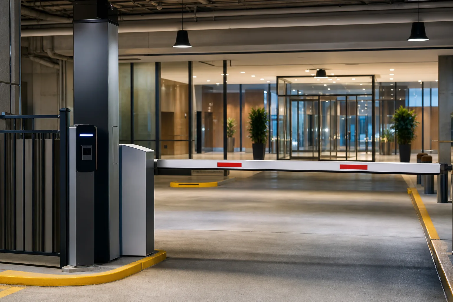 Corporate parking access lane with barrier arm and credential reader at a glass lobby entrance