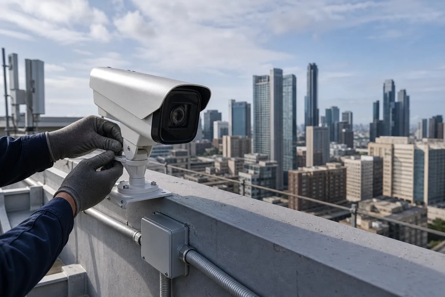 Rooftop commercial AI camera installation overlooking a downtown campus