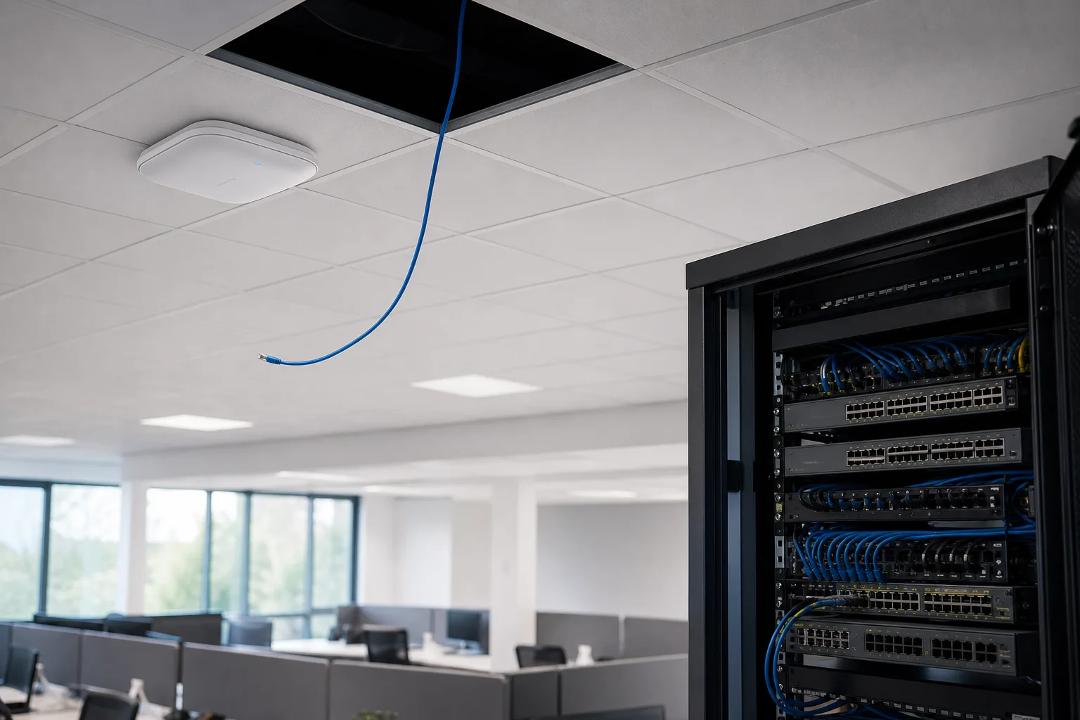 Enterprise Wi-Fi access point installation with open rack switching in a modern office