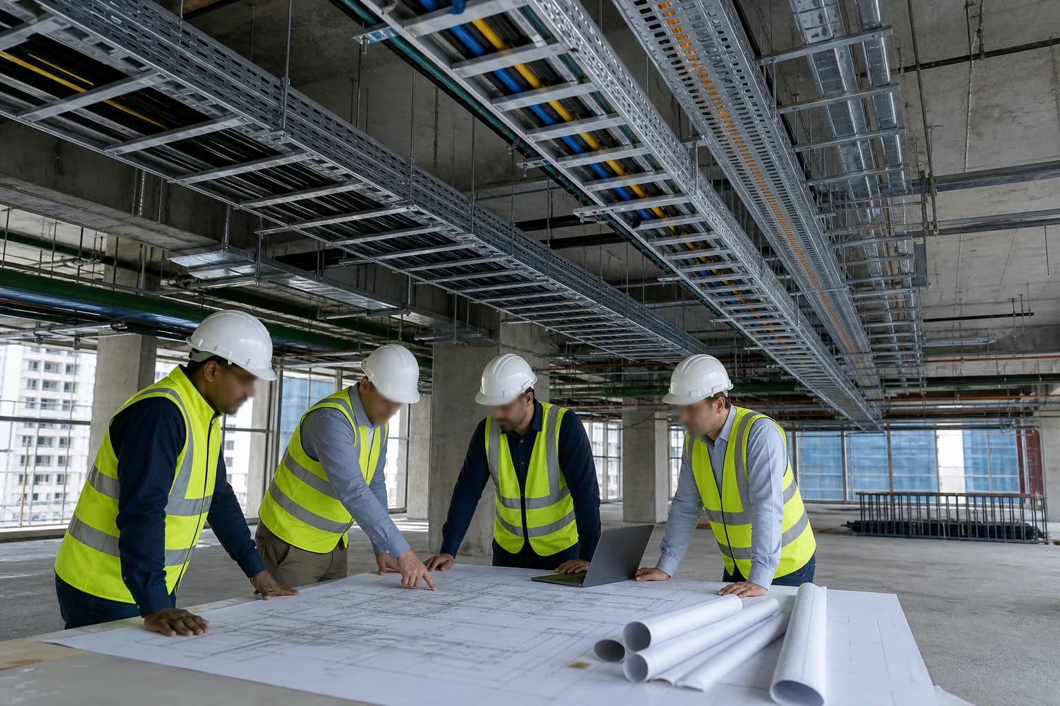 MEP coordination in unfinished commercial construction with overhead pathway trays and cable planning