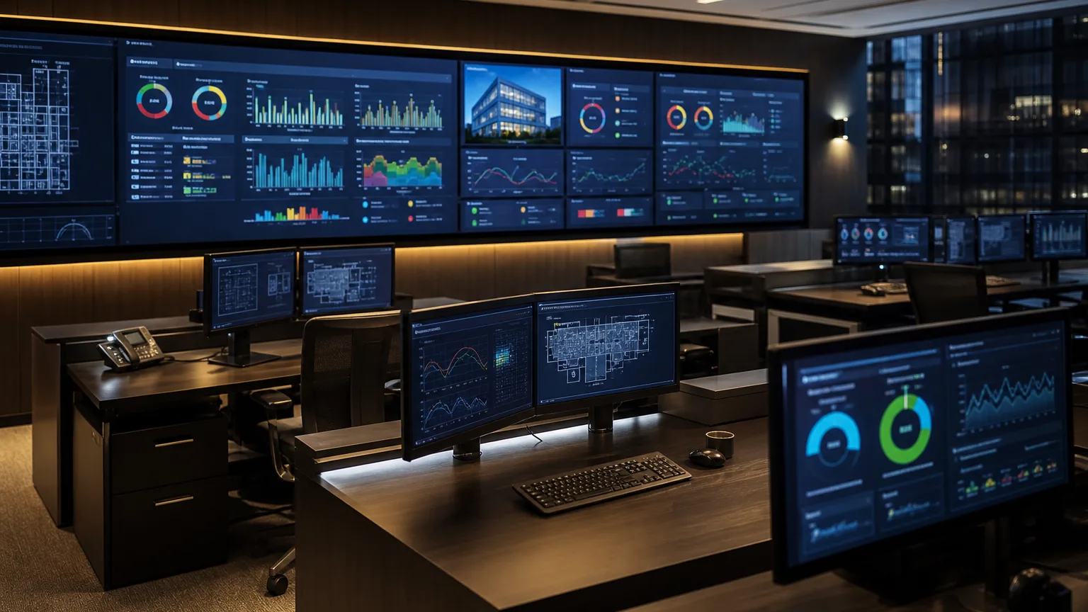 Luxury operations command center with large dashboards and digital infrastructure management environment