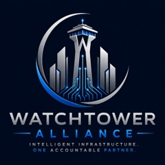Watchtower Alliance official logo: A silver 3D watchtower with glowing blue circuit-style infrastructure at its base, flanked by modern architectural silhouettes, set above the text Watchtower Alliance — Intelligent Infrastructure. One Accountable Partner.